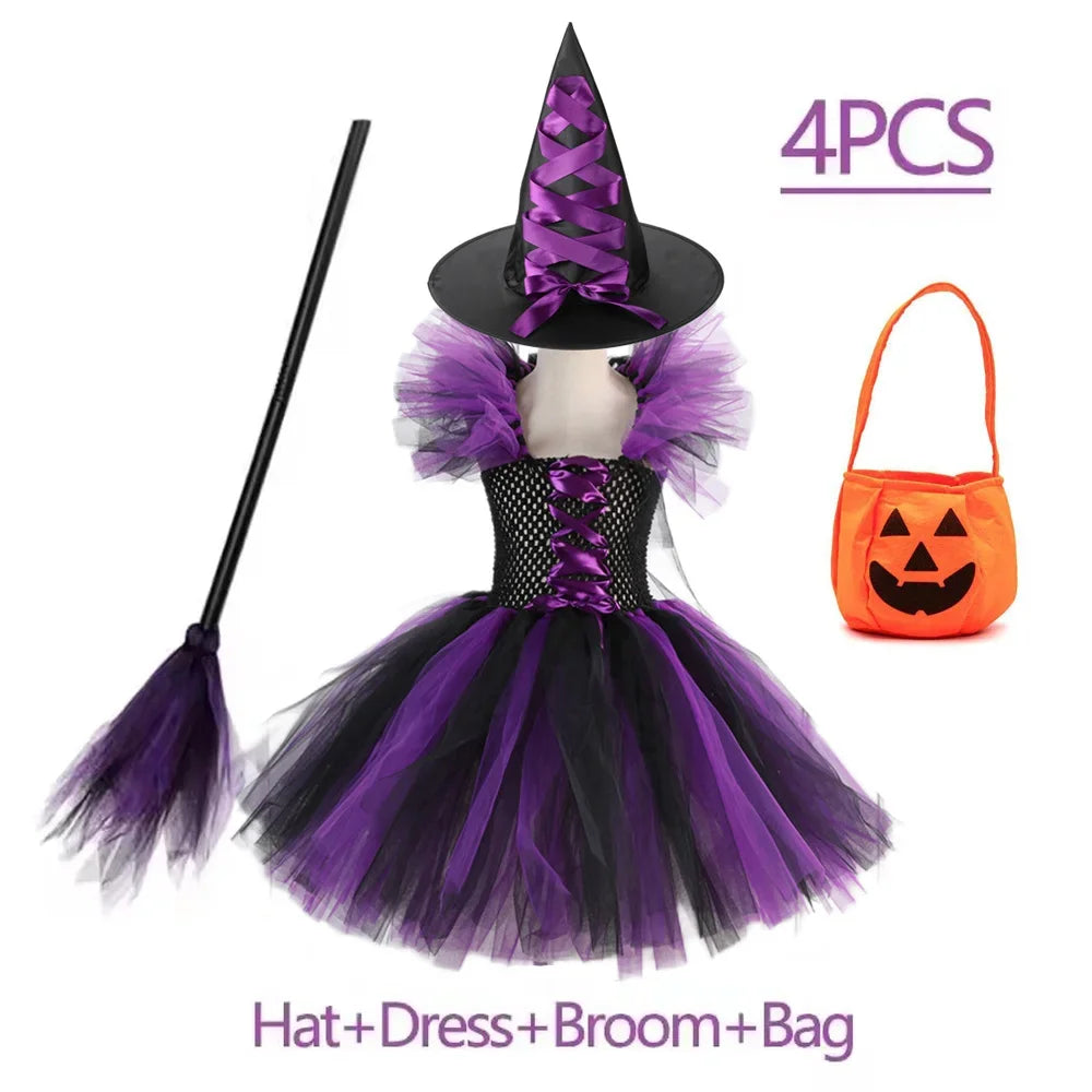 Crianças trajes de bruxa de halloween para meninas carnaval festa fantasia vestido crianças bruxas disfarce tutu roupa com vassoura chapéu