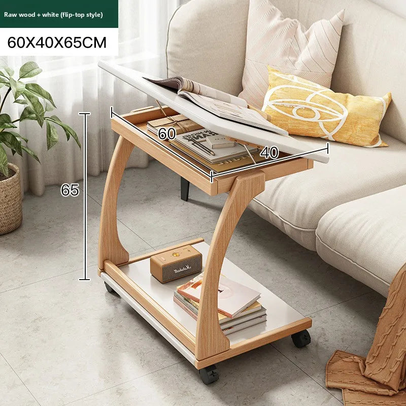 Mesa de centro móvel de madeira maciça, prateleira de armazenamento para sala de estar, mesa lateral dobrável para sofá de sala de estar, mesa de cabeceira de madeira maciça para quarto