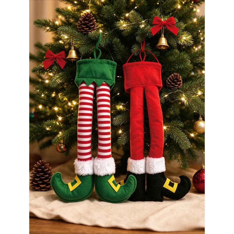 Nova decoração de porta de Natal com laço, árvore de Natal, Papai Noel e enfeite de perna de elfo, decoração de cenas natalinas para casa.