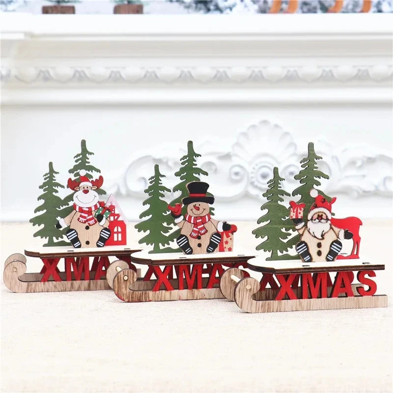 Decorações de natal de madeira diy trenó esqui dos desenhos animados santa ornamento de mesa presente das crianças pequeno presente