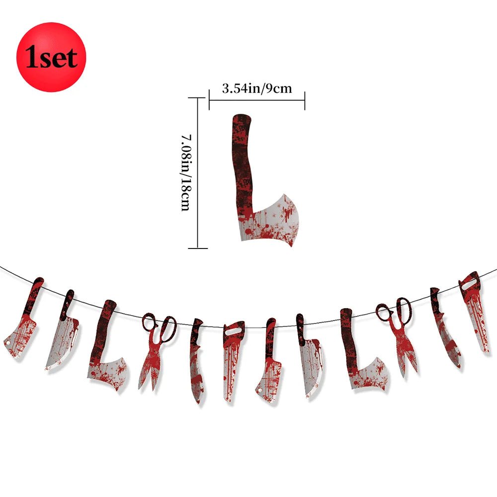 Decoração de festa de halloween feliz dia das bruxas banner sangrento açougueiro faca assassino ferramentas guirlanda de papel para horror decoração de casa assombrada - Kasa & Pet