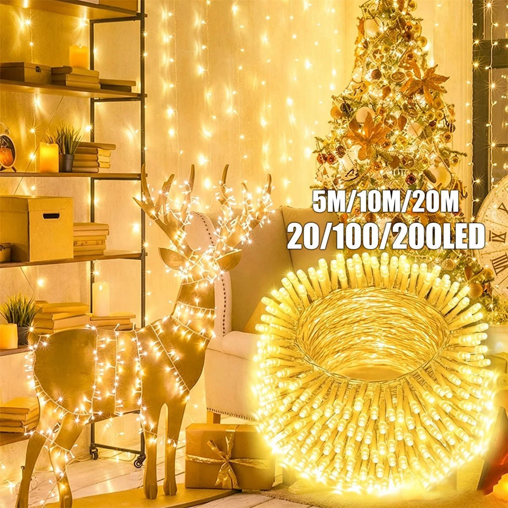 Cordão de Luzes de Natal com 8 Modos de Iluminação, Luzes de Jardim 5/10/20M, Lâmpada Decorativa Festiva para Interiores, Exteriores, Jardins e Casamentos