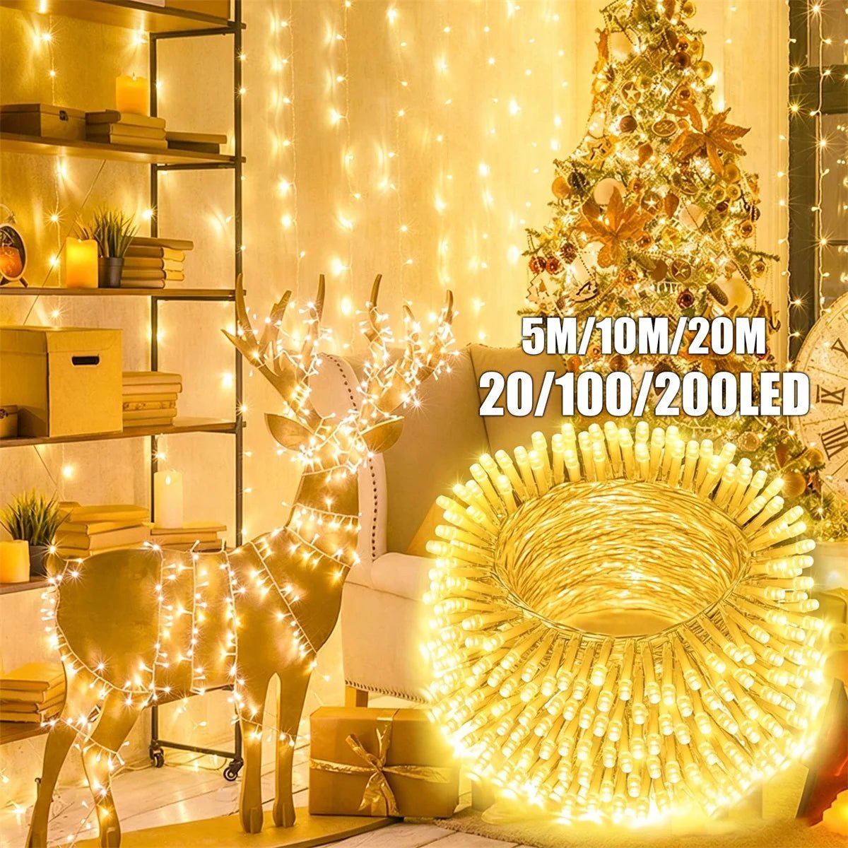 Cordão de Luzes de Natal com 8 Modos de Iluminação, Luzes de Jardim 5/10/20M, Lâmpada Decorativa Festiva para Interiores, Exteriores, Jardins e Casamentos