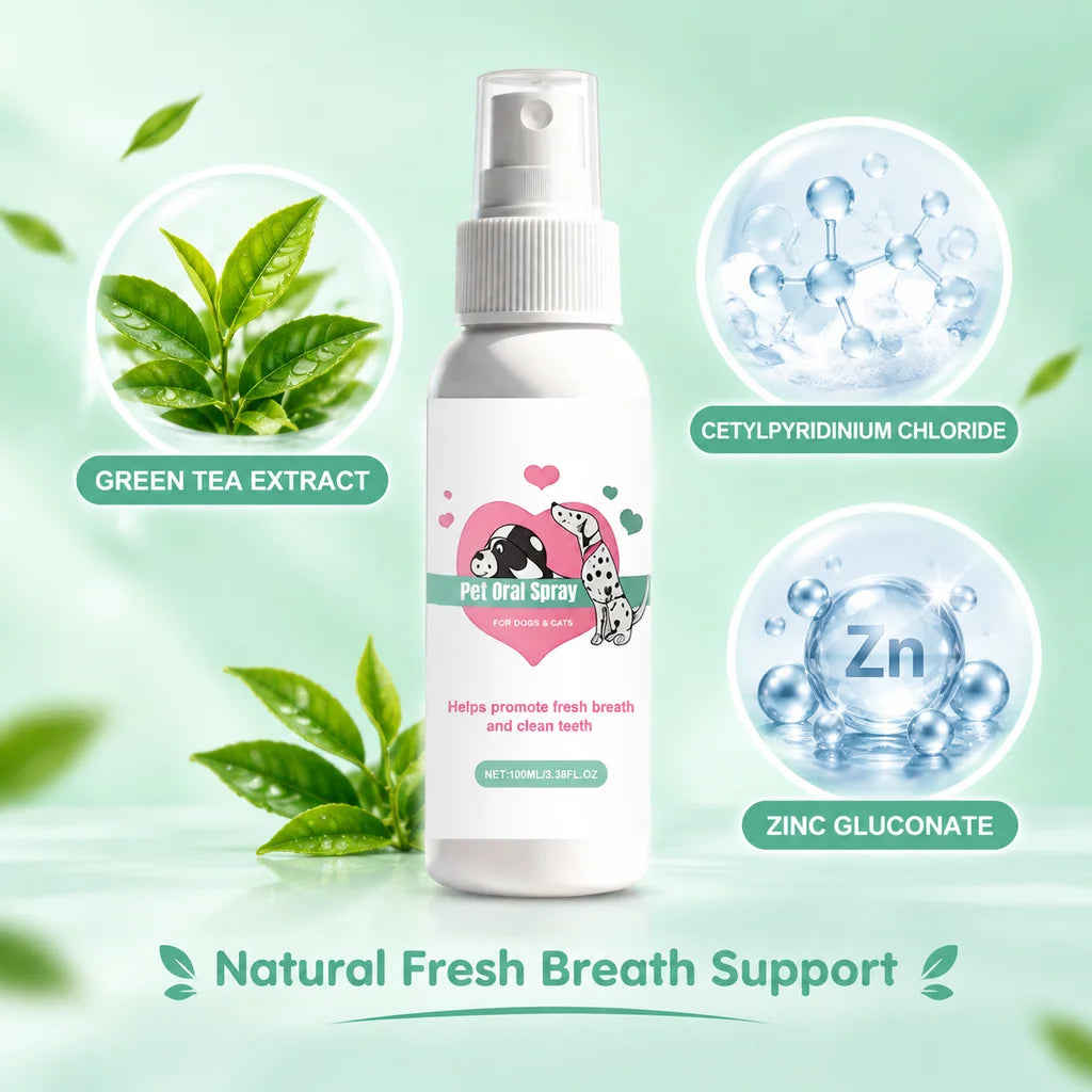 Spray oral para animais de estimação, para gatos e cães, com extrato de chá verde, seguro para animais, reduz o tártaro, proporciona hálito fresco, não requer escovação, fácil de transportar, para limpeza e cuidados