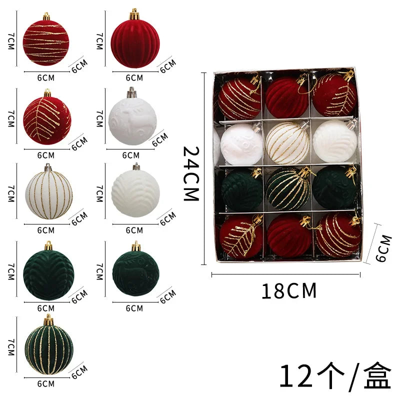 12 Peças de Enfeites de Árvore de Natal em Veludo, Bolas de Natal Flocadas, Decorações de Bolas de Natal, Enfeites de Natal para Pendurar na Árvore