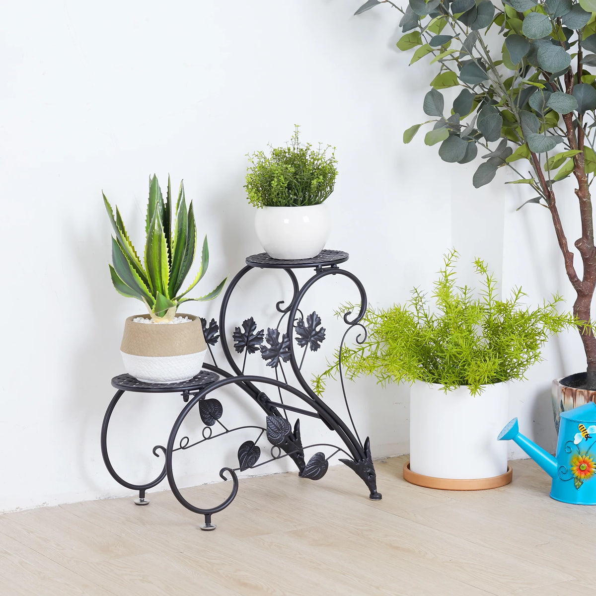 Suporte de Metal Antiferrugem para Plantas, Estante Expositora para 4 Vasos de Flores, para Jardim, Varanda, Escritório, Branco e Preto