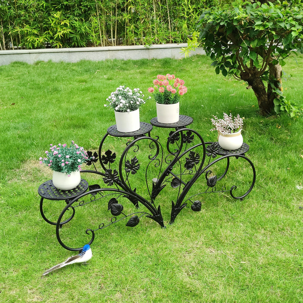 Suporte de Metal Antiferrugem para Plantas, Estante Expositora para 4 Vasos de Flores, para Jardim, Varanda, Escritório, Branco e Preto