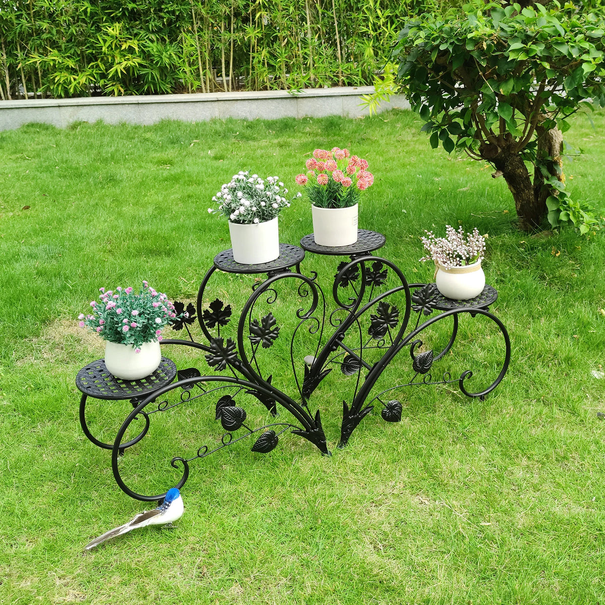 Suporte de Metal Antiferrugem para Plantas, Estante Expositora para 4 Vasos de Flores, para Jardim, Varanda, Escritório, Branco e Preto