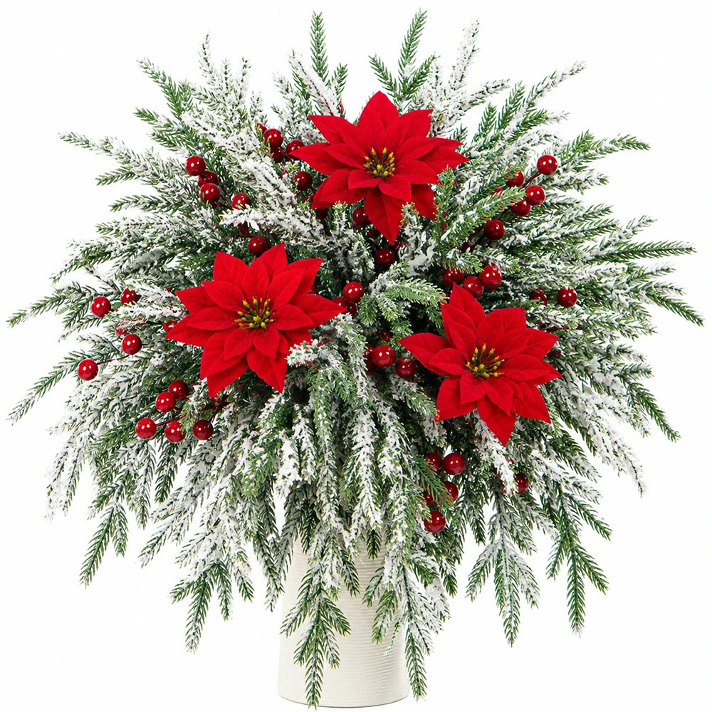 Decorações de Natal DIY, 18 peças de agulhas de pinheiro artificiais, flores de poinsétia com bagas vermelhas para festas de inverno, decoração de guirlandas para festas em casa.