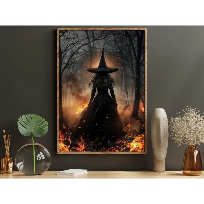Pôster de Decoração de Parede de Halloween: Bruxa Sombria no Bosque com Flores - Impressão em Tela Sem Moldura para Decoração Festiva de Casa - Kasa & Pet