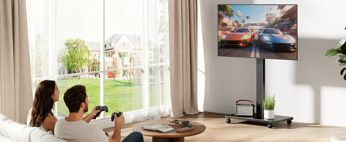 Suporte de TV rolante para TV plana curvada de 10 "-42" com retrato giratório para paisagem Suporte de TV portátil ajustável em altura com rodas