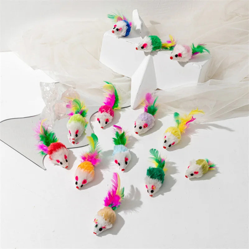 5 ou 10 Peças Brinquedos de Pelúcia para Gatos, Rato Falso de Pelo de Coelho, Rato de Pena Arco-Íris, Brinquedos Divertidos para Gatinhos de Interior, Novo