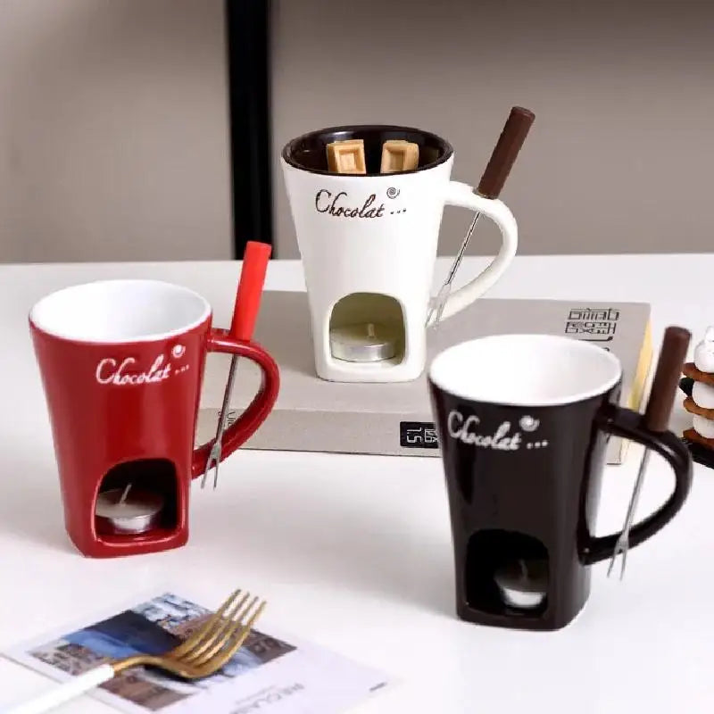 Copo de vela europeu queijo chocolate derretendo caneca cerâmica aquecimento comida caneca cerâmica com garfo criativo caneca café utensílios de mesa