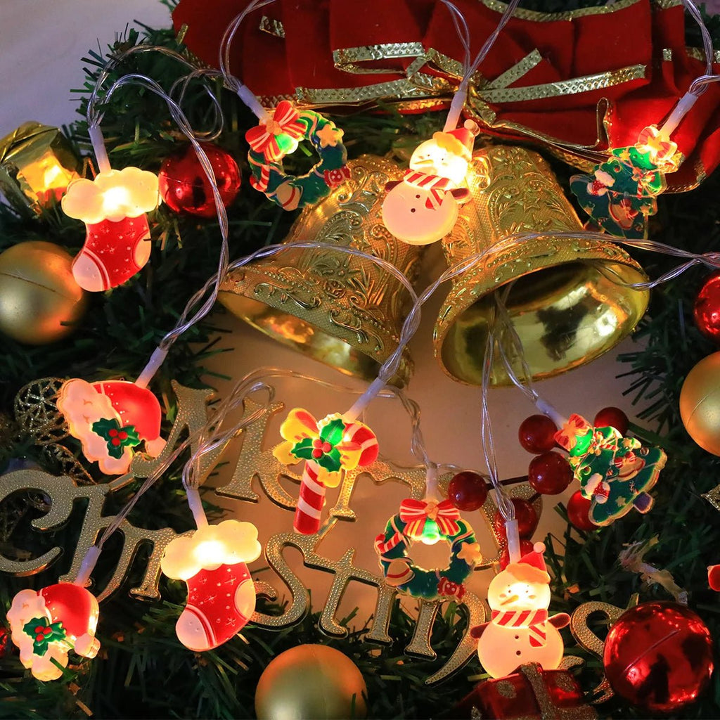 Luzes de corda de Natal LED, com Papai Noel/boneco de neve/cana de doces/meia de Natal/designs de flocos de neve, para festa de Natal/interior/árvore