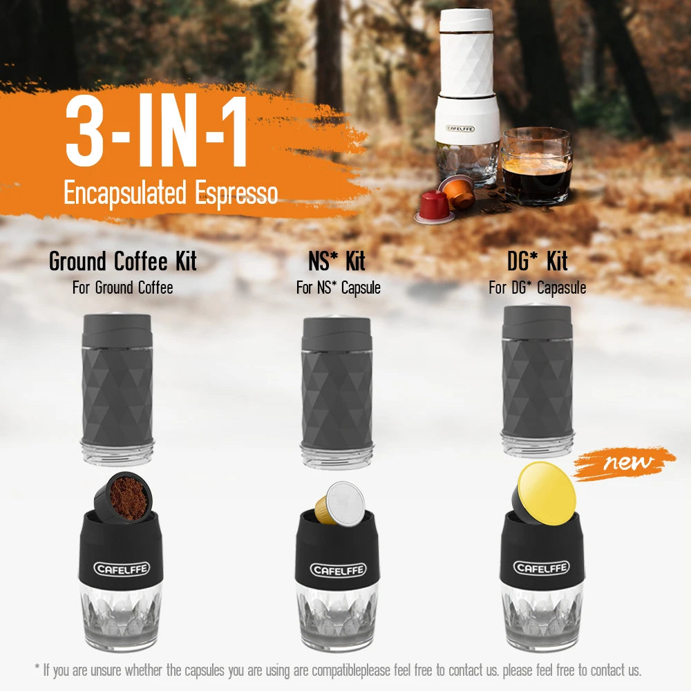 Máquina de Café Portátil Cafelffe 3 em 1, Cafeteira Manual para Cápsulas e Café Moído, Espumador de Leite, Preparador Manual para Viagens e Presentes