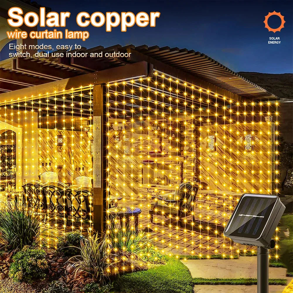 Solar led cortina de luz ao ar livre guirlanda solar fada luz da corda fio cobre lâmpadas para jardim quintal festa casamento decoração do feriado
