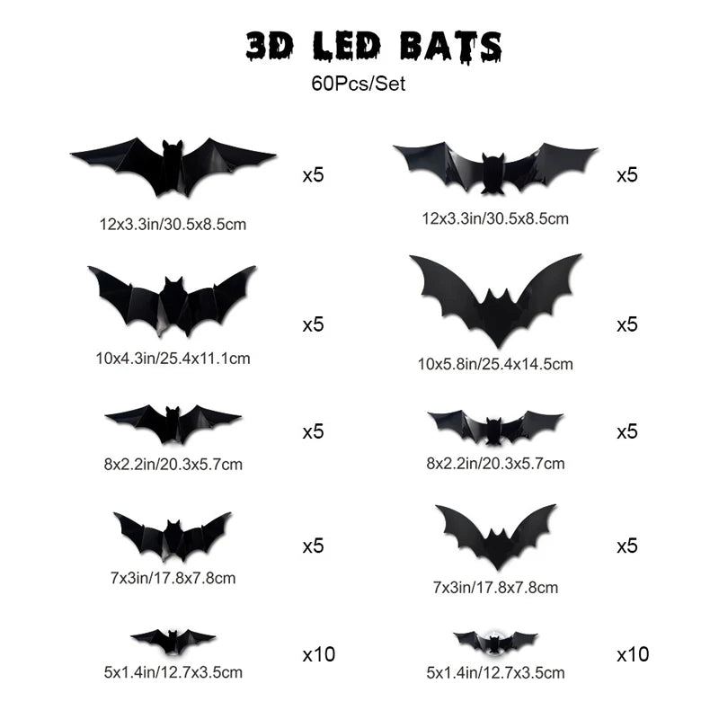 Decorações Assustadoras de Halloween: Luzes LED 3D de Morcego | Adesivos de Parede Flexíveis, Decoração Luminosa Alimentada por Energia | Decoração de Festa, Janela - Kasa & Pet