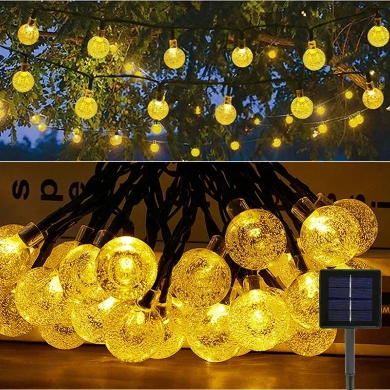 Luzes de cordão solares para exterior, luzes de globo de cristal LED, luzes de fada solares à prova d'água para decoração de jardim, Natal e exteriores