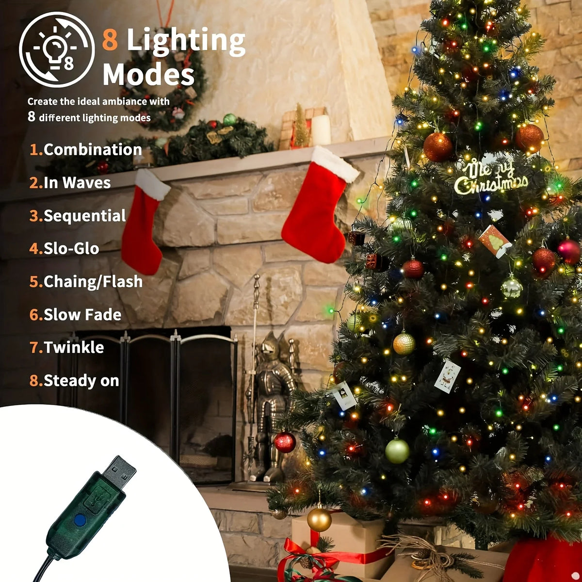 Luz decorativa para árvore de Natal, luz de ambiente alimentada por USB, adequada para uso interno e externo, decoração de Natal e feriados.