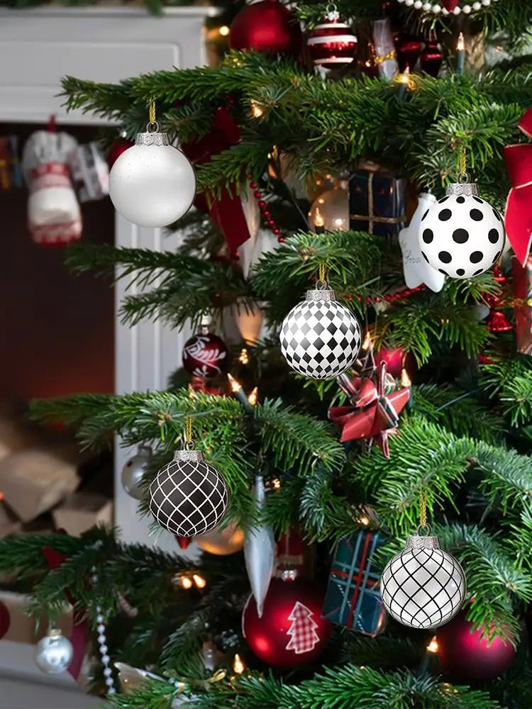 12pçs bolas de natal pretas e brancas, bola suspensa pintada à mão, pingentes de árvore de natal, decoração de casa, presentes de ano novo 2025