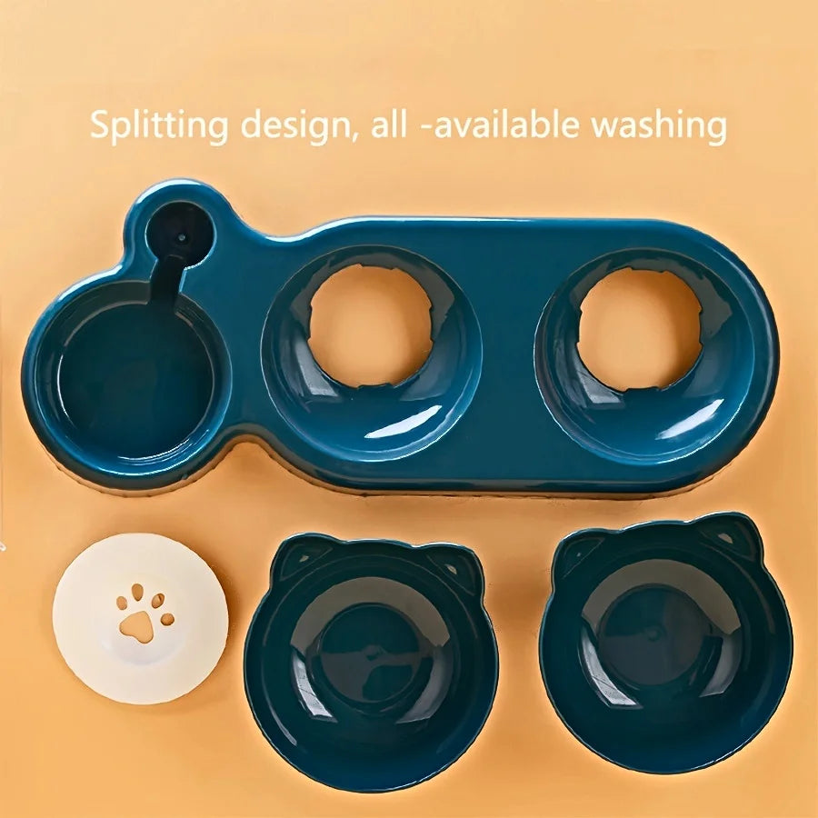 Tigelas de estimação com alimentador de água 3 em 1, design da orelha, tigela de água e comida de gato inclinada