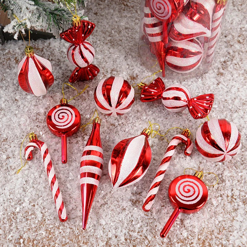 14 pçs/caixa natal doce cana bola vermelha ornamentos árvore de natal pendurado pingentes navidad ano novo decorações para casa 2024 presente natal