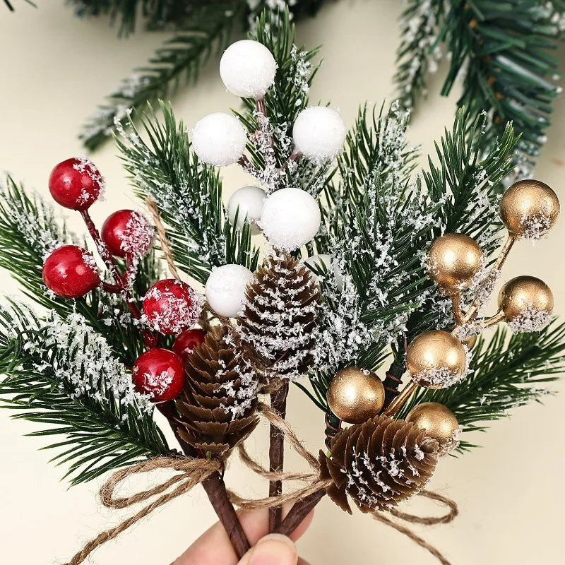 Galhos Artificiais de Frutas Vermelhas e Pinhas para Guirlandas de Natal, Enfeites para Árvore de Natal, Ramos de Pinheiro Perene