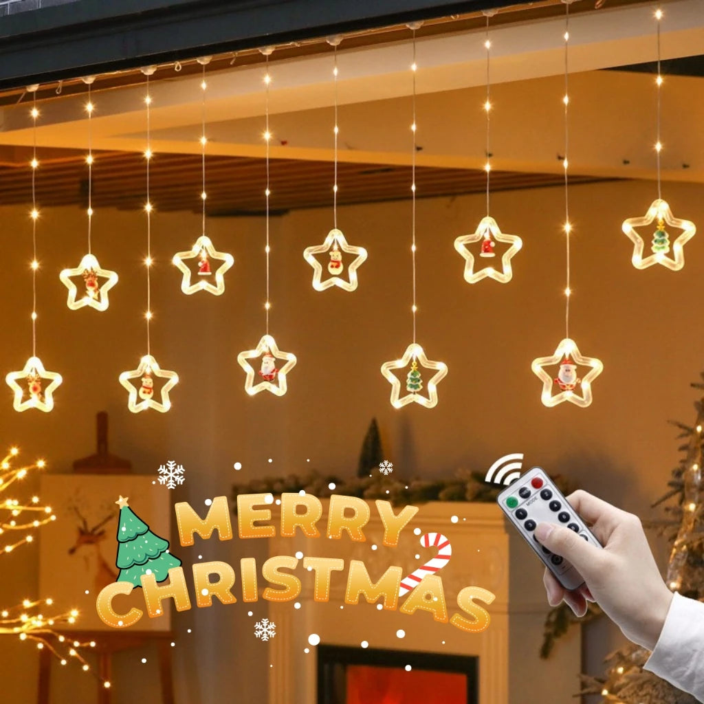 LED Christmas String Lights for Room Decoration, Guirlanda Cortina Lâmpada, Plug USB, Estrela, Papai Noel, Quarto, Sala de estar, Janela