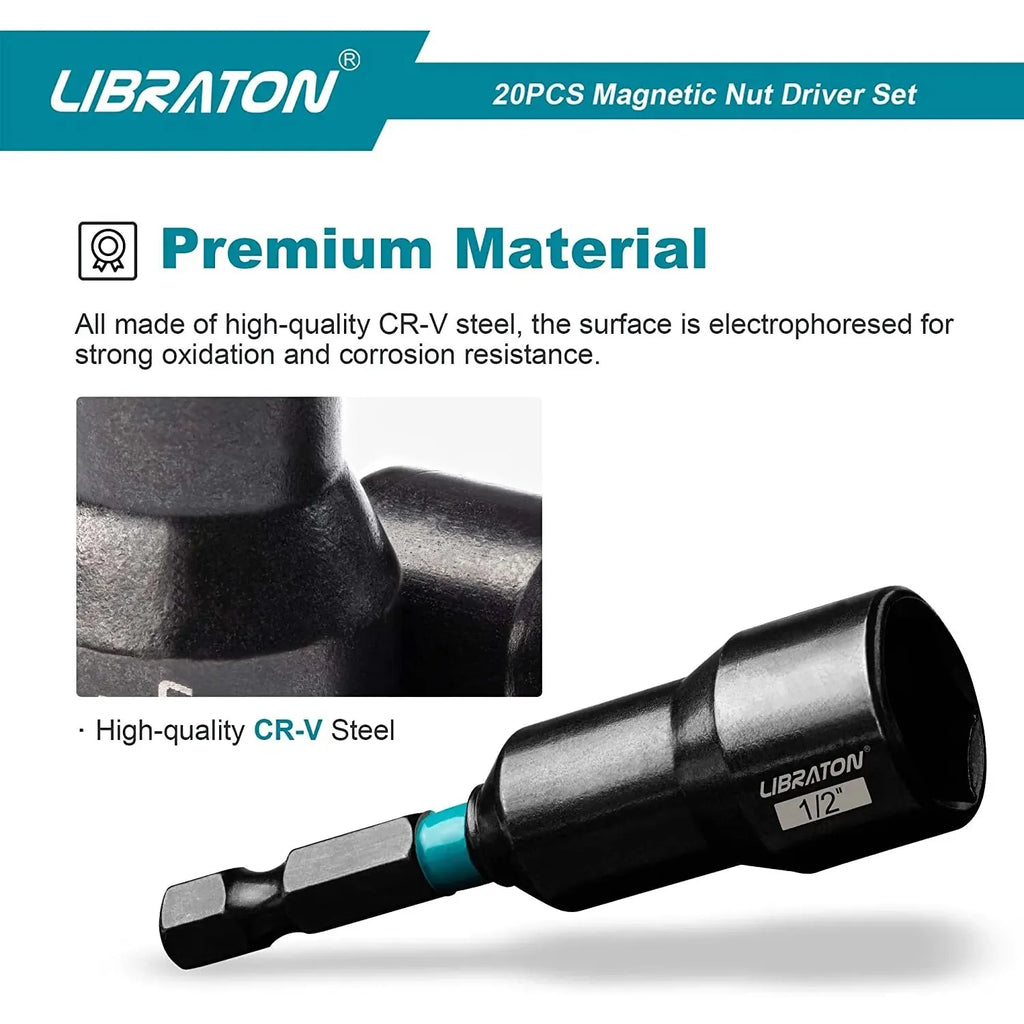 LIBRATON Conjunto de 20 Chaves de Porca Magnéticas, Conjunto de Pontas de Chave de Impacto para Furadeira 1/4" Chaves de Porca Métricas e SAE com Bolsa de Armazenamento