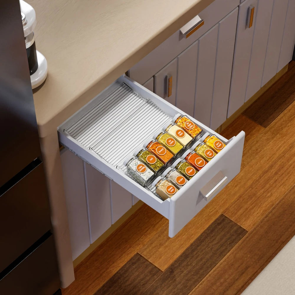 Organizador de gaveta de especiarias expansível, 2 peças, armazenamento de cozinha de plástico-organizador durável que economiza espaço para armários, bancadas