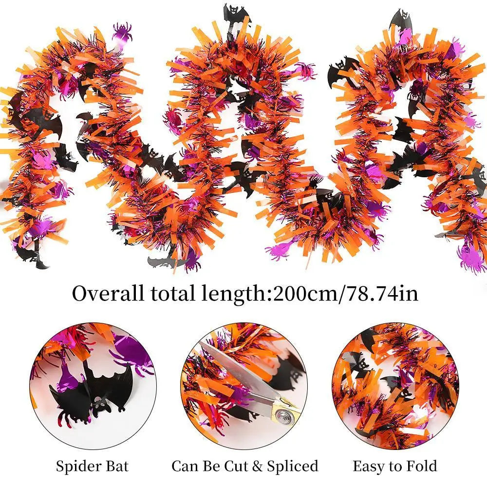 Conjunto de Guirlandas de Natal Laranja, Roxo e Preto com Morcegos, Aranhas e Abóboras para Decoração de Portas, Paredes, Lareiras e Casa