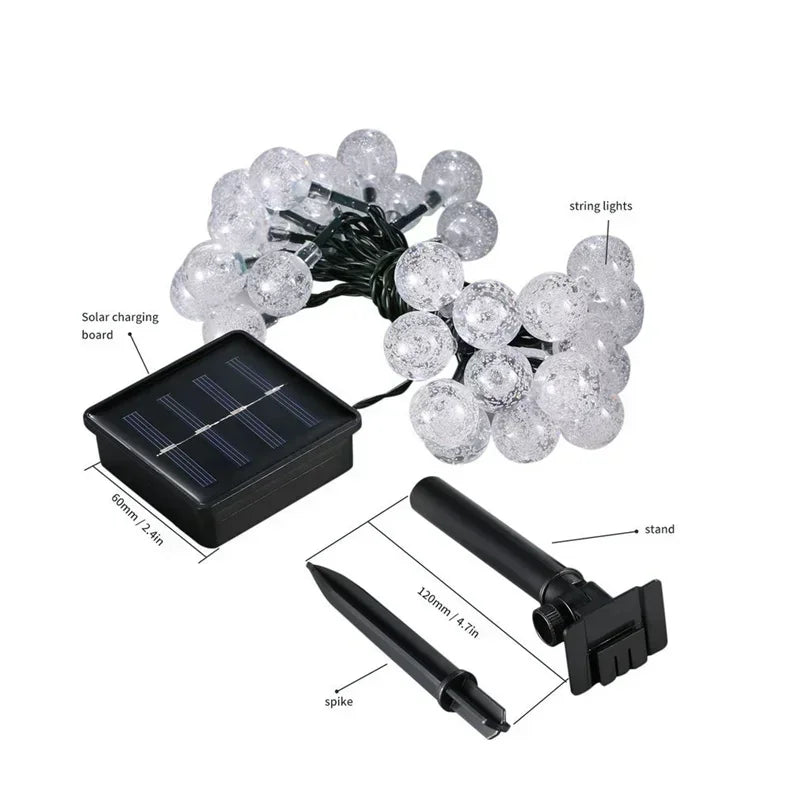 Luzes de cordão solares para exterior, luzes de globo de cristal LED, luzes de fada solares à prova d'água para decoração de jardim, Natal e exteriores