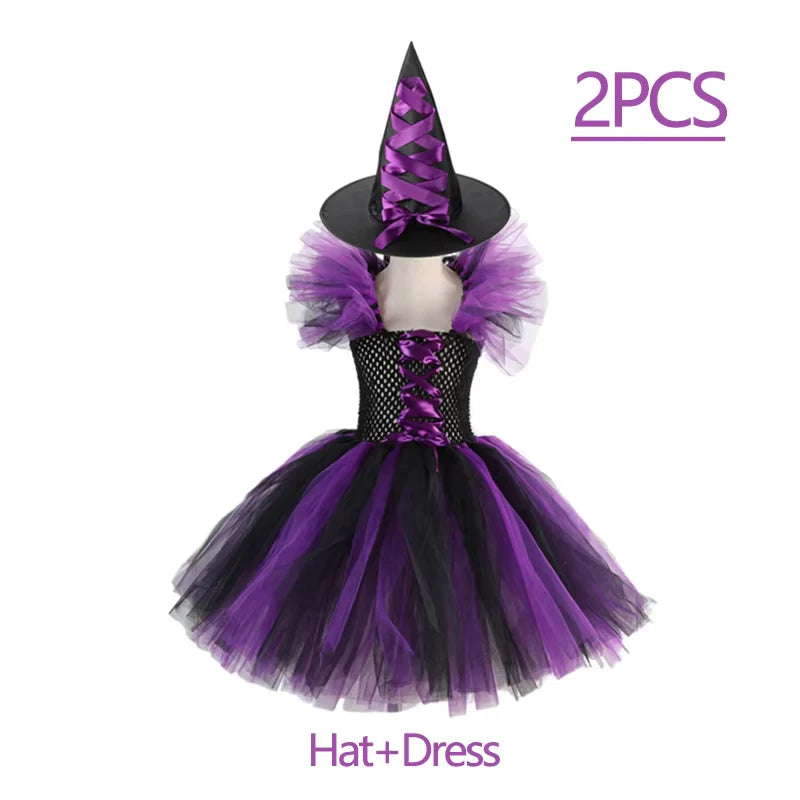 Fantasia de Bruxa para Meninas, Vestido de Tule em 3 Cores com Chapéu Pontudo, Fantasia de Carnaval para Crianças