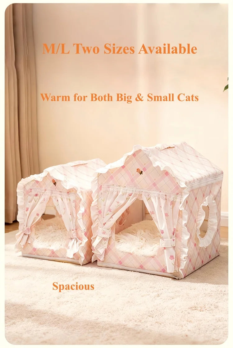 Casa para Gatos Floral Fofa com Tenda, Cama Semi-Fechada Removível e Lavável para Gatos/Cães