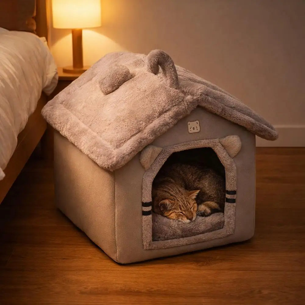 Cama para Pets Estilo Casa Fofa para Cães e Gatos Pequenos, Quente para o Inverno, Removível e Lavável, Casinha Fechada de Pelúcia, Vila para Gatos, Caverna