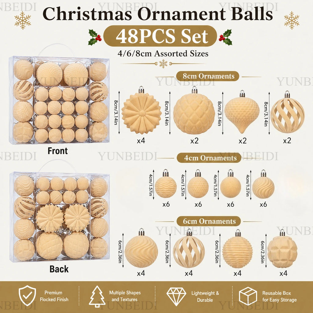 Conjunto de Bolas de Natal de Veludo 48 Peças, Enfeites Plásticos Flocados para Decoração de Árvore de Natal DIY, Decoração Suspensa para Festas e Casa