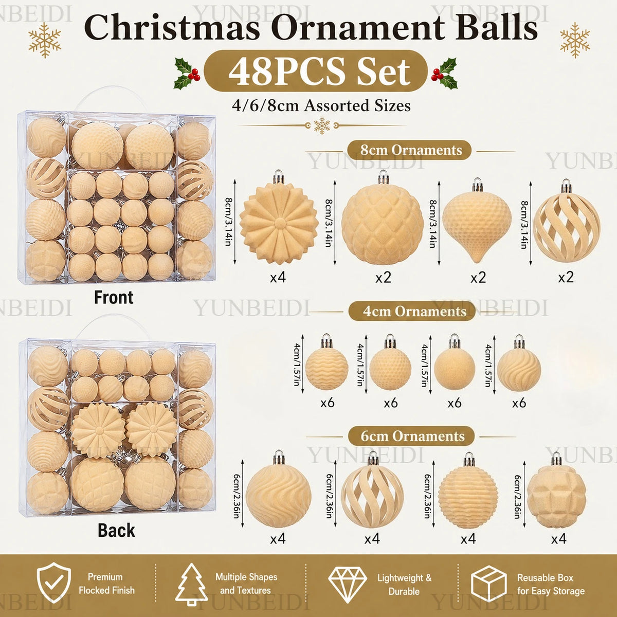 Conjunto de Bolas de Natal de Veludo 48 Peças, Enfeites Plásticos Flocados para Decoração de Árvore de Natal DIY, Decoração Suspensa para Festas e Casa
