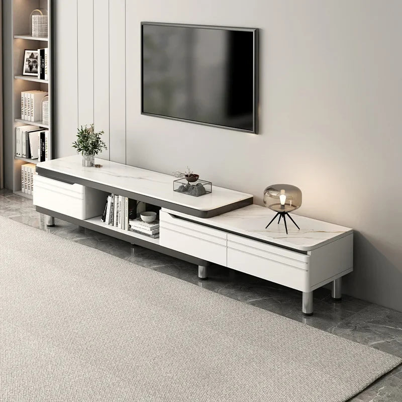 Suporte de TV LED moderno para televisores, mesa de centro, prateleiras de vidro e gaveta, centro de entretenimento para jogos com vários armários