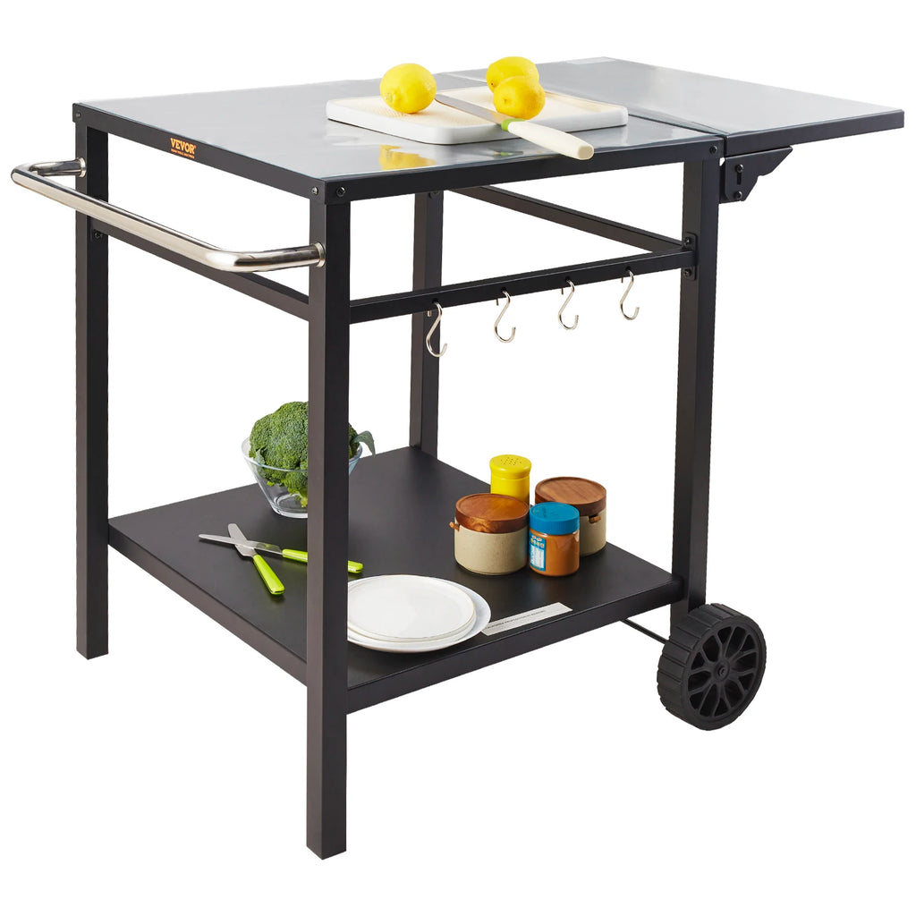 SucceBuy Mesa de carrinho de jantar com prateleira dupla Mesa de comida móvel para churrasco Suporte dobrável para forno de pizza Tampo de mesa de ferro/aço inoxidável