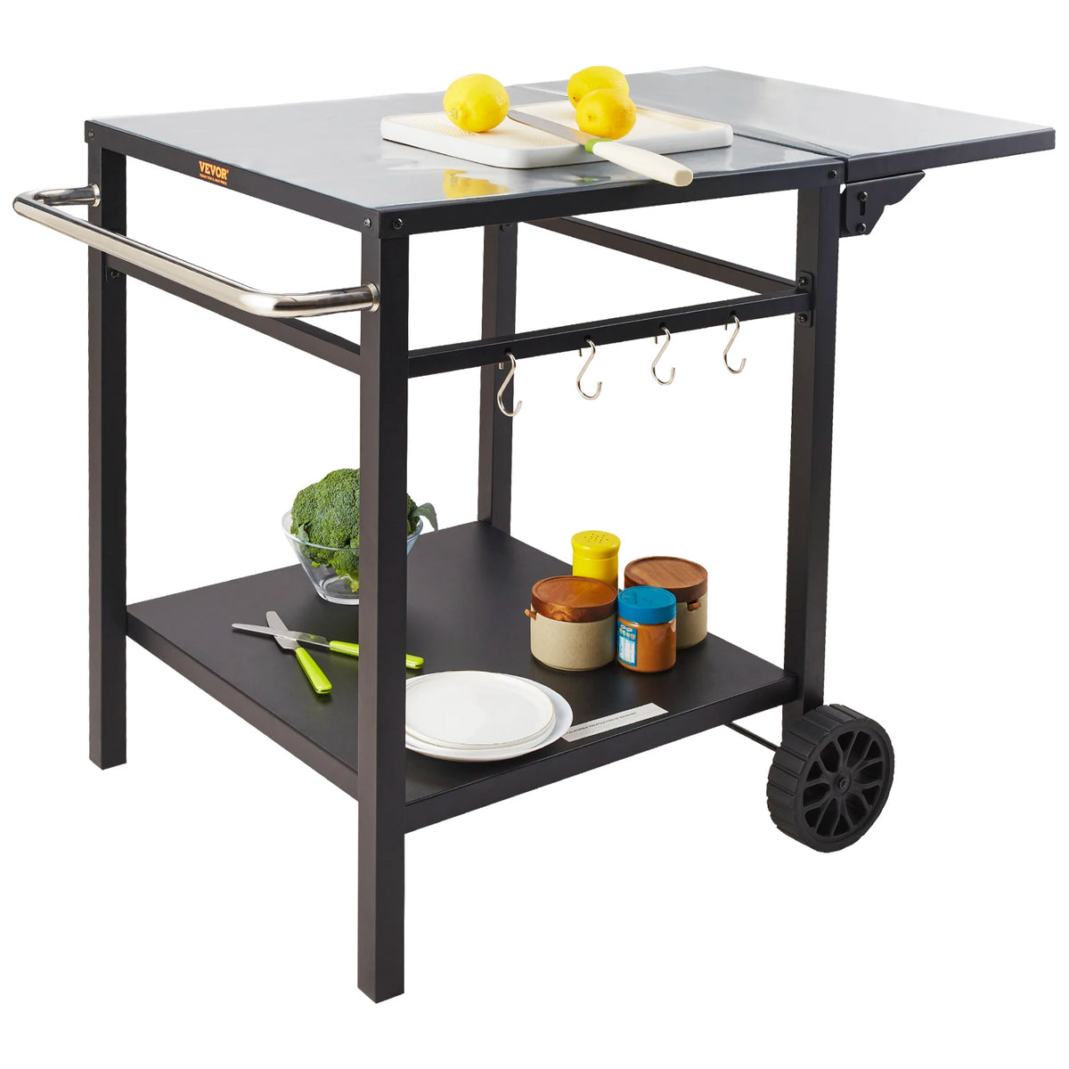 SucceBuy Mesa de carrinho de jantar com prateleira dupla Mesa de comida móvel para churrasco Suporte dobrável para forno de pizza Tampo de mesa de ferro/aço inoxidável