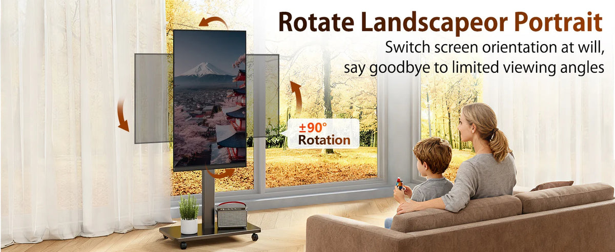 Suporte de TV rolante para TV plana curvada de 10 "-42" com retrato giratório para paisagem Suporte de TV portátil ajustável em altura com rodas