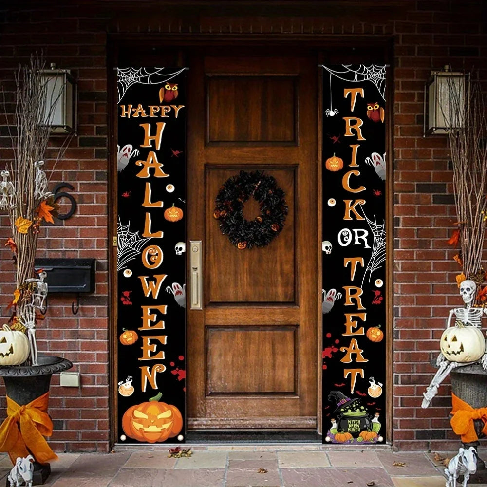 Banner de Halloween com Estampa de Abóbora, Teia de Aranha e Esqueleto, Decoração Assustadora para Pendurar na Porta da Frente ou na Parede, Ornamento de Terror, Artigos para Festa de Halloween