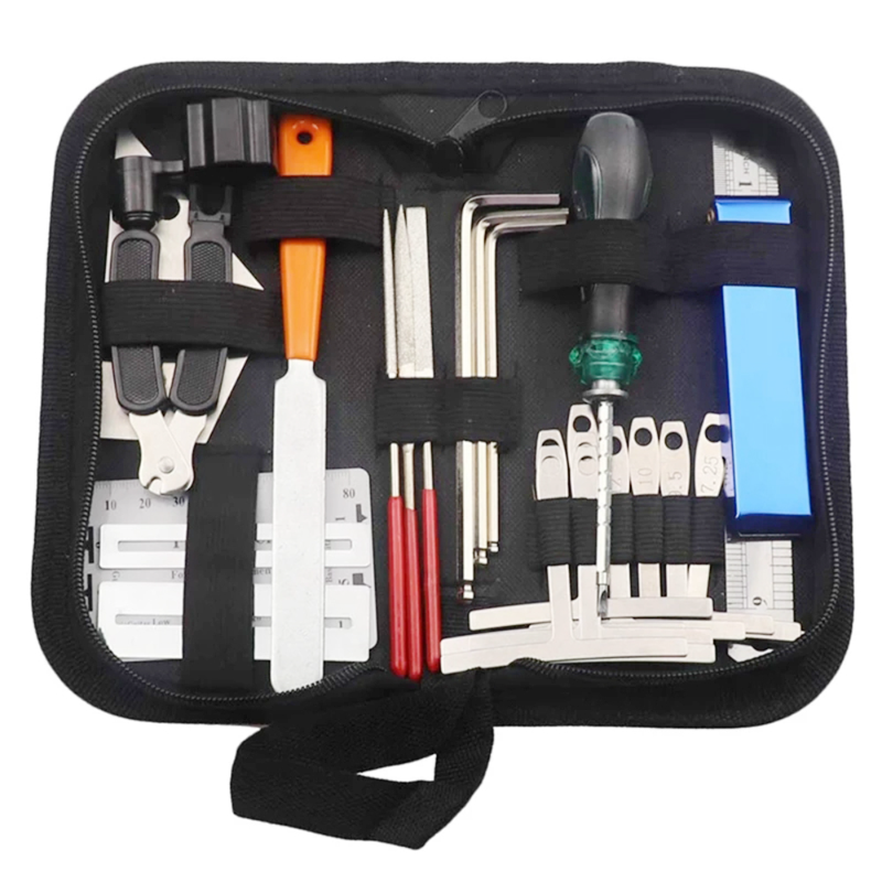 Kit de ferramentas para reparo de manutenção de guitarra, organizador de cordas, régua de ação, ferramenta de medição, chave sextavada, conjunto de arquivos fin