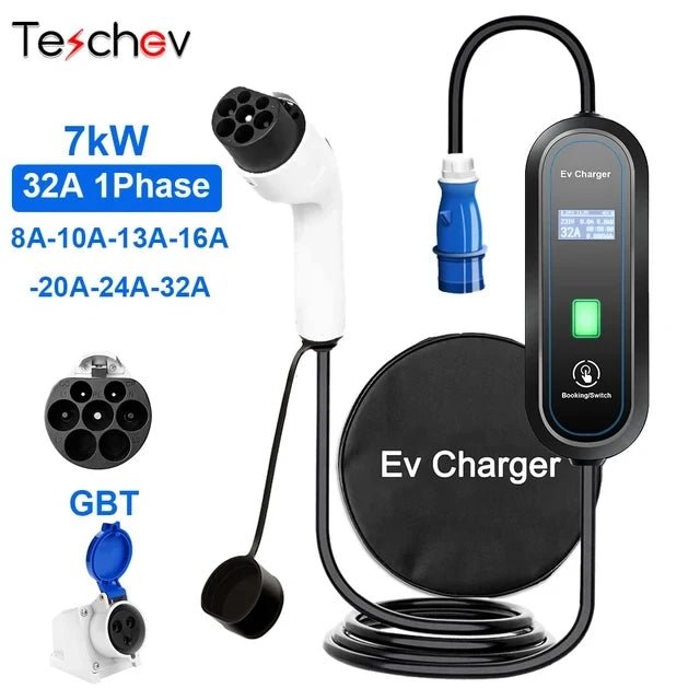 Carregador portátil EV Teschev Type2 Cabo 32A 7KW com plugue CEE EVSE Type1 J1772 Caixa de carregamento 5M GB/T Carregador para veículo elétrico