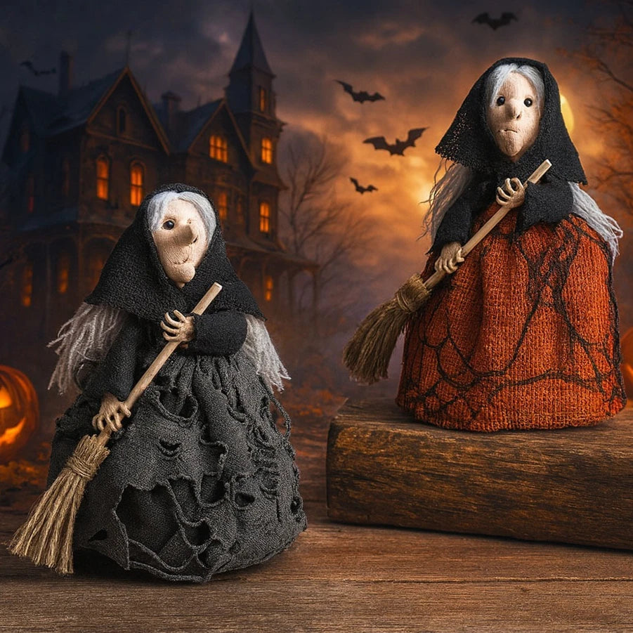 Decoração de bruxa de Halloween com vassoura, ornamento de suspensão fofo para casa, jardim, decoração de festa interna, adereços de fotografia