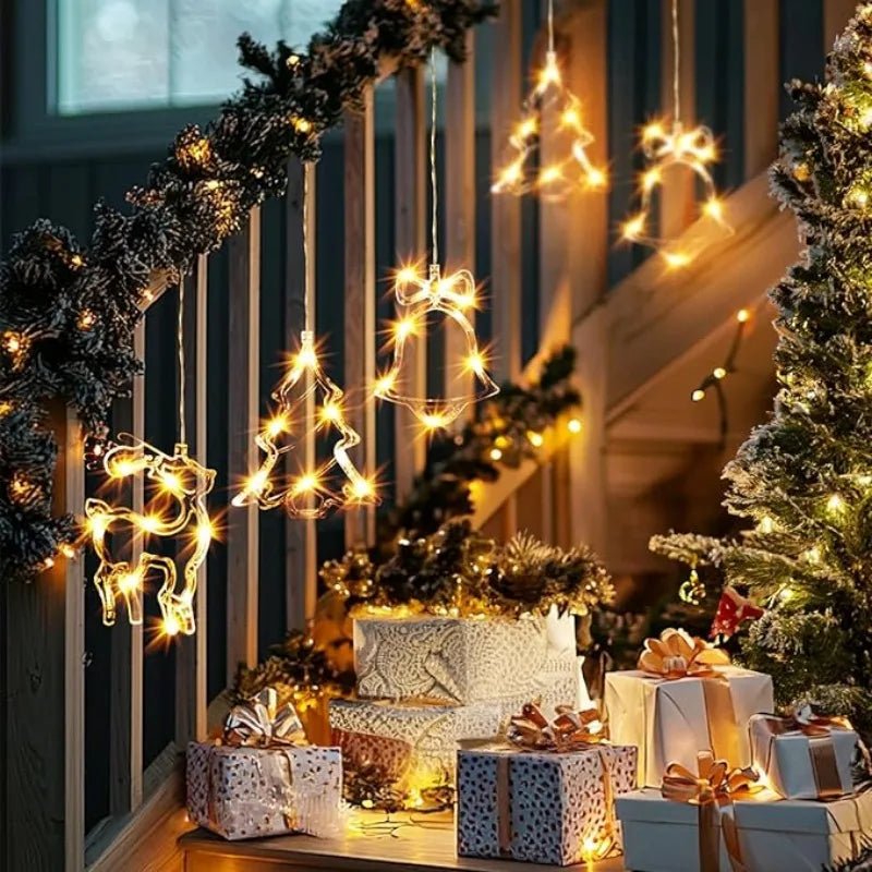 Led luzes da janela de natal silhueta decoração sino árvore de natal papai noel para o ano novo decoração de natal lâmpada de corda de fadas