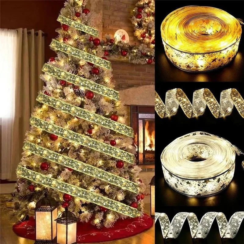 LED Ribbon Fairy Lights para Natal, enfeites de árvore de Natal, decoração, DIY Bows, String Light, Ano Novo, 2025, 2025
