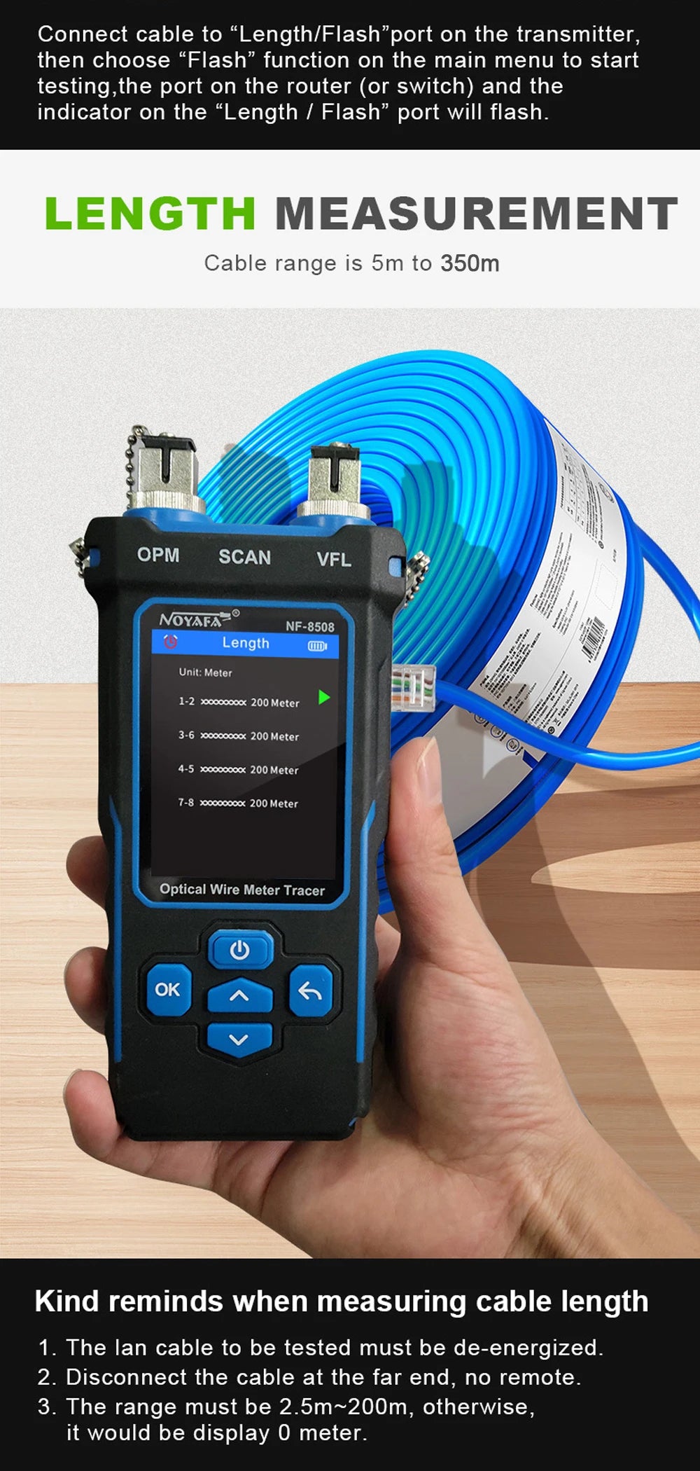 Noyafa-Network Cable Tester, Ethernet Cable Tracker, OPM VFL PoE Checker, Medir Comprimento, Wiremap, Ferramentas de Rede, NF-8508