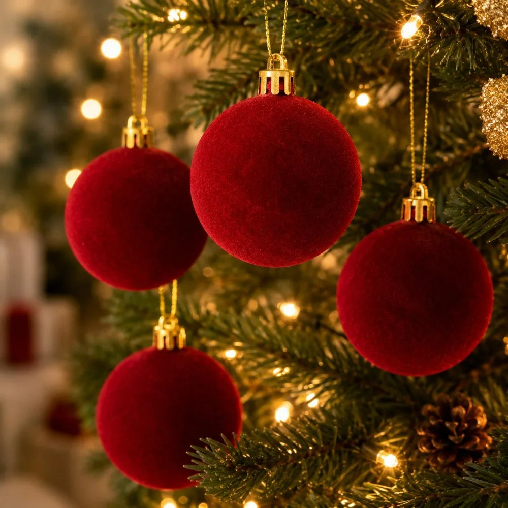 Conjunto de 12 Bolas de Natal em Veludo Burgundy para Decoração de Casa, Ornamento para Halloween, Ação de Graças, Aniversários e Natal