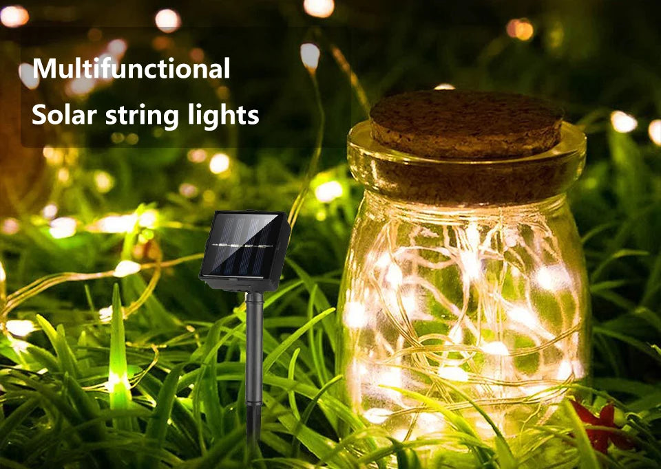 Luz solar ao ar livre da corda led guirlanda de fadas 8 modo jardim quintal festa decoração natal lâmpada fio cobre